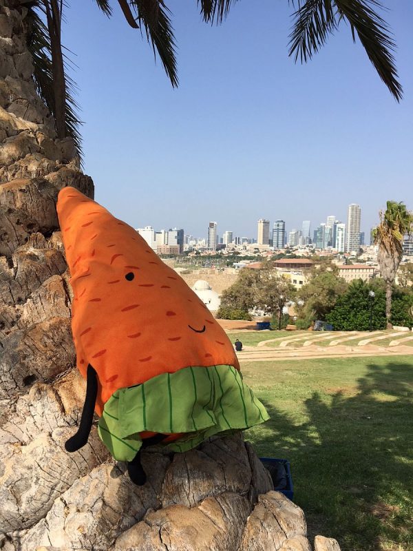 Im Vordergrund sitzt ein lächelndes Maskotchen aus Stoff das wie eine Karotte aussieht auf einem Palmenstamm in einem grünen Park. Im Hintergrund sieht man die Skyline einer israelischen Stadt mit vielen Wolkenkratzern.