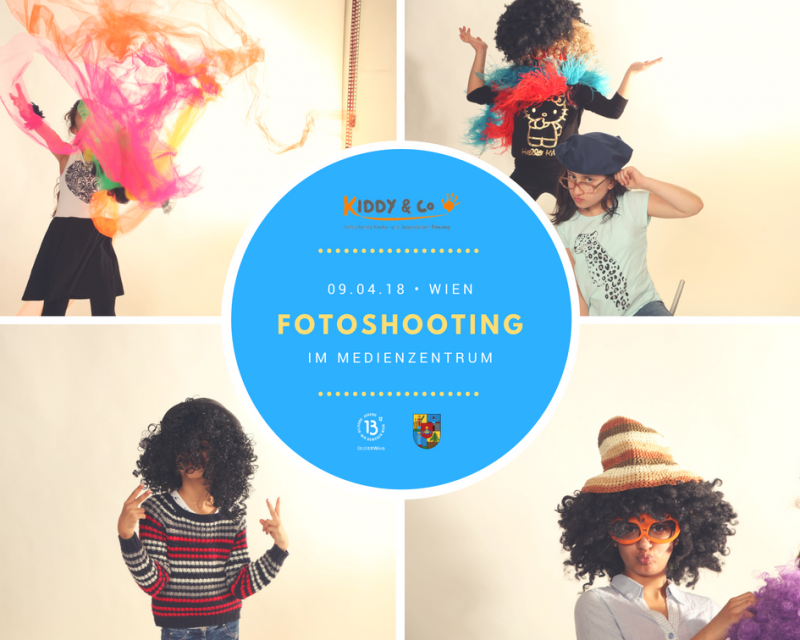 Collage von Fotos eines Fotoshootings von verkleideten Kindern. In der Mitte der Einladungstext zur Veranstaltung.