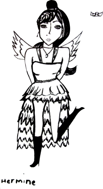 Eine schwarz-weiß Zeichung einer jungen Frau in Kleid und Stiefeln die Flügel hat.