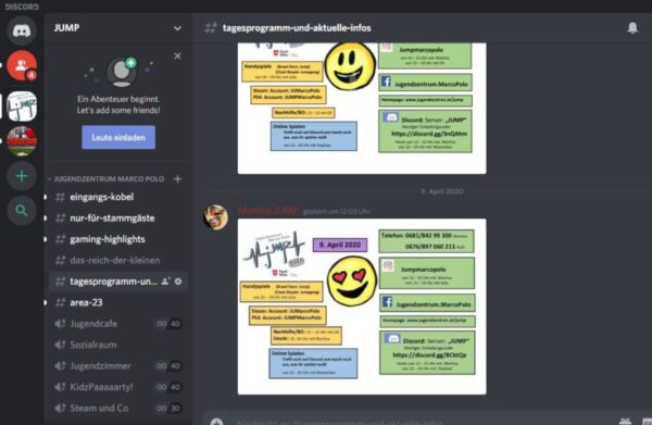 Screenshot vom Kommunikationstool Discord, zu sehen ist das Tagesprogramm und Kontakttelefonnummern der Jugendarbeit