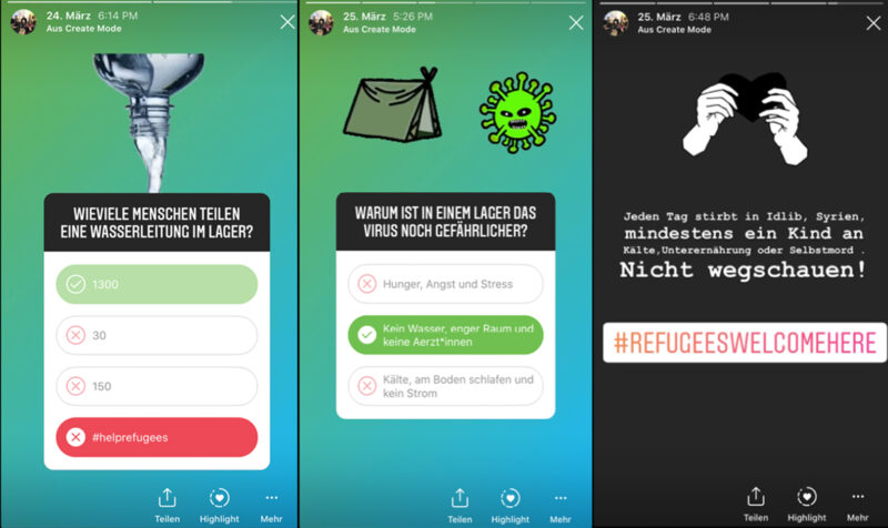Drei Screenshots, zwei davon von der Umfrage zur Situation in Flüchtlingslagern, die im Rahmen der beschriebenen Aktionswoche durchgeführt wurde.
