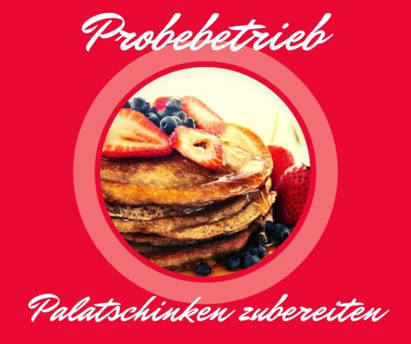 In der Mitte eines Hell-Roten Quadrats sind Pancakes mit Früchten und Ahornsirup zu sehen. Darüber und darunter steht in weißer geschwungener Schrift zu lesen: "Probebetrieb. Palatschinken zubereiten"