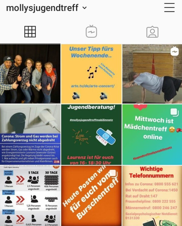 Collage von mehreren Postings auf Instergram-Stories des Jugendtreffs Mollys. Dabei ist auch ein Gruppenfoto des Teams.