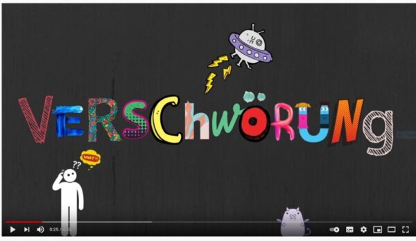 Screenshot eines YouTube-Videos auf dem der Schriftzug "Verschwörung" in bunten Lettern, sowie ein UFO eine sich wundernde schematisch gezeichnete Person und ein kleines Monster zu sehen.
